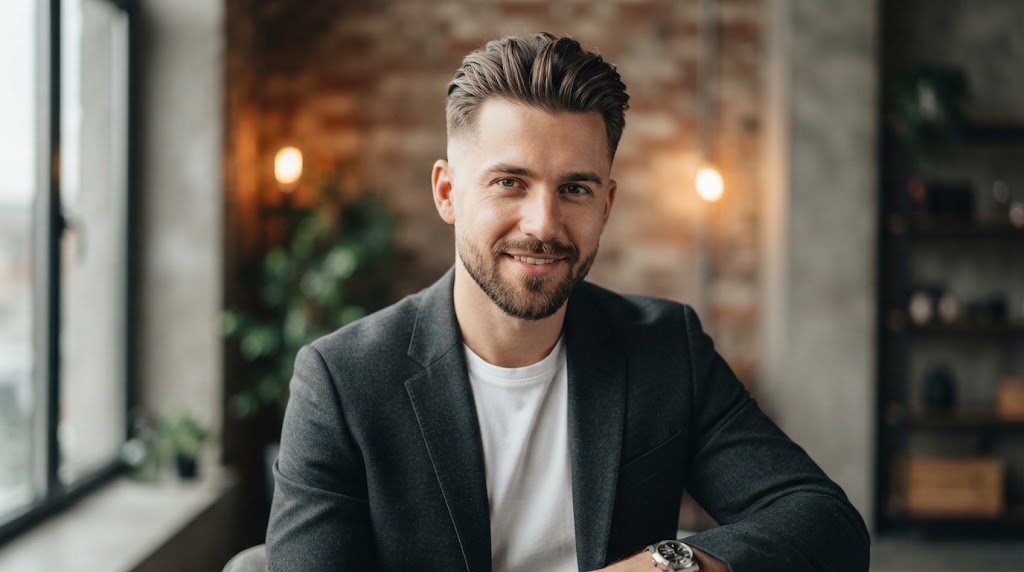 Modern textured slicked-back taper haircut on a man with medium-length hair and clean faded sides.