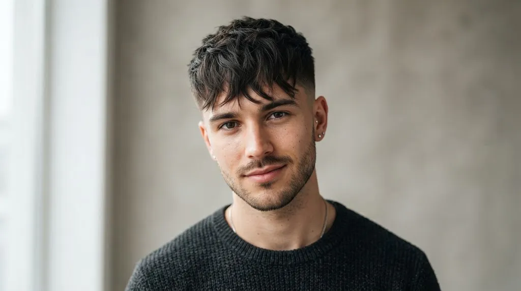 A stylish young man with a modern textured crop fade hairstyle and messy fringe looking confident.