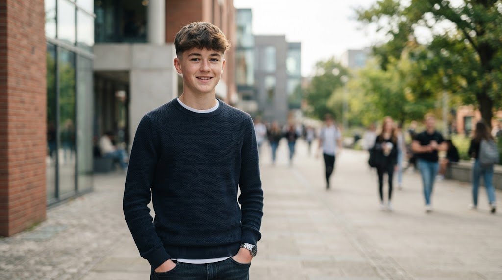 Stylish teenage boy with a textured short haircut and low taper, perfect for long face shapes and school dress codes."