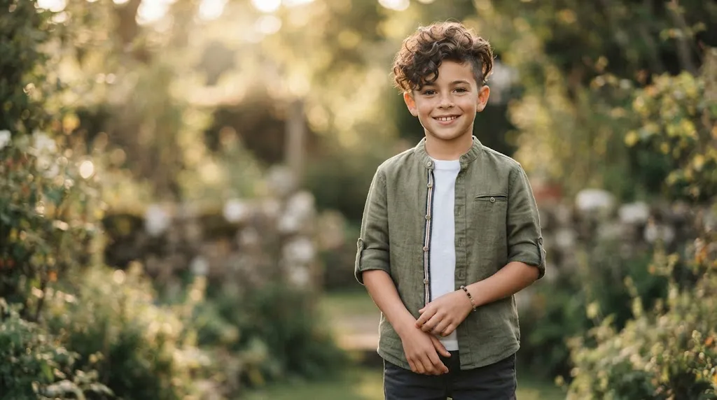 A stylish young boy with natural wavy and curly hair texture in a trendy haircut, showcasing modern boys' hairstyle trends.