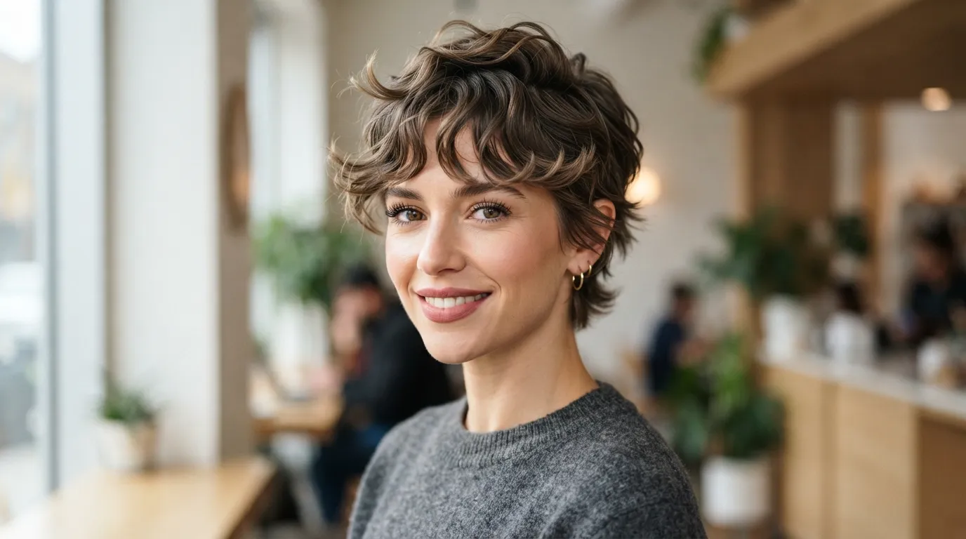 A woman with an undone wavy pixie haircut featuring soft natural wave separation, airy crown volume, and a satin finish styled with medium-hold pomade