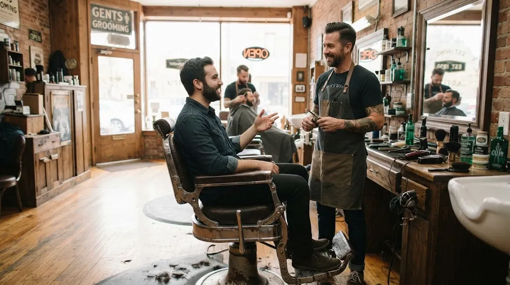 A man in a barber chair talking and gesturing to his professional barber in a modern barbershop