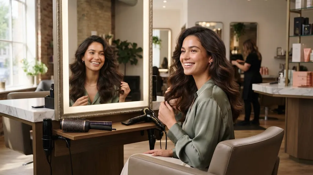 Woman with a long-lasting professional blowout in a hair salon looking in the mirror
