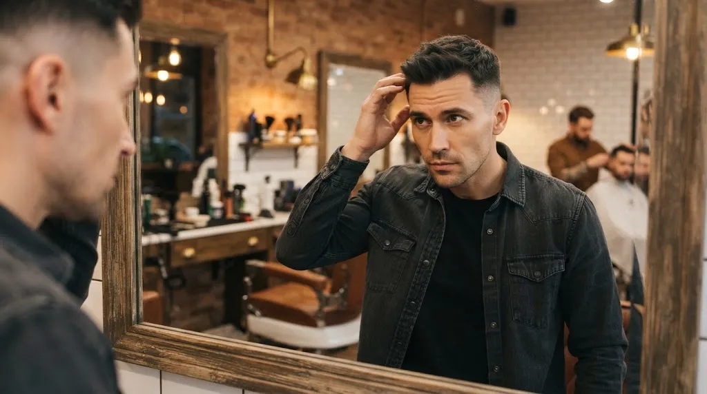 Man with an oblong face shape looking at his haircut in a barbershop mirror, illustrating common haircut mistakes for long face shapes.