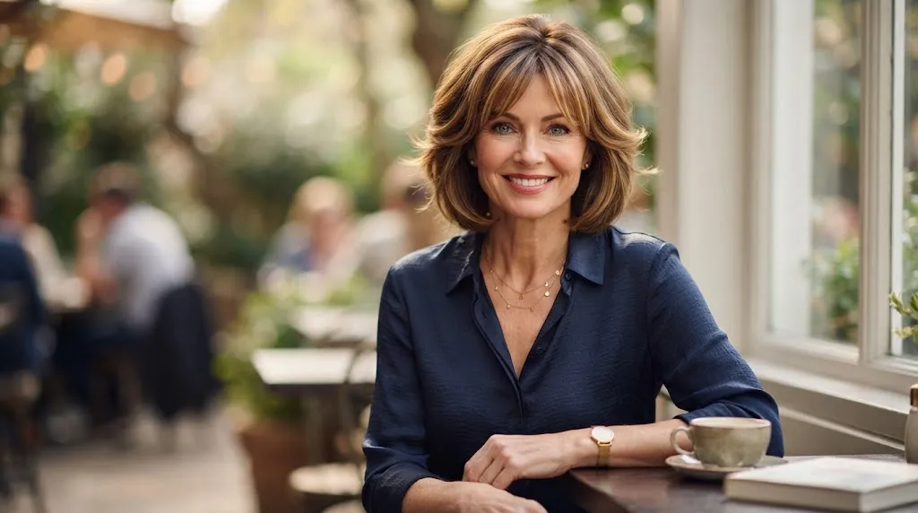 A woman with a modern layered bob haircut, soft curtain bangs, and golden highlights that look youthful and elegant.