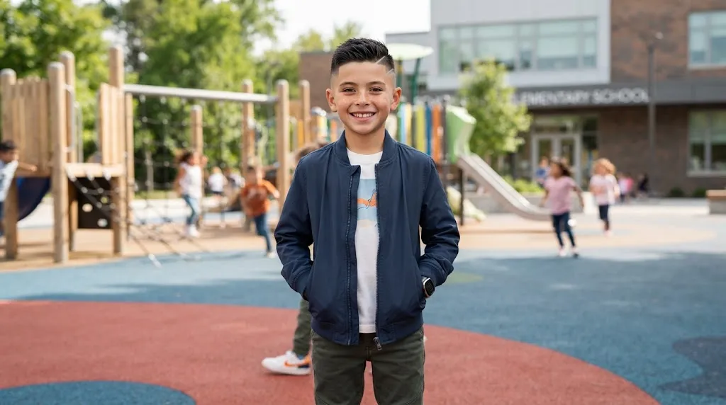 A stylish 10-year-old boy with a trending textured crop haircut and mid fade smiling outdoors