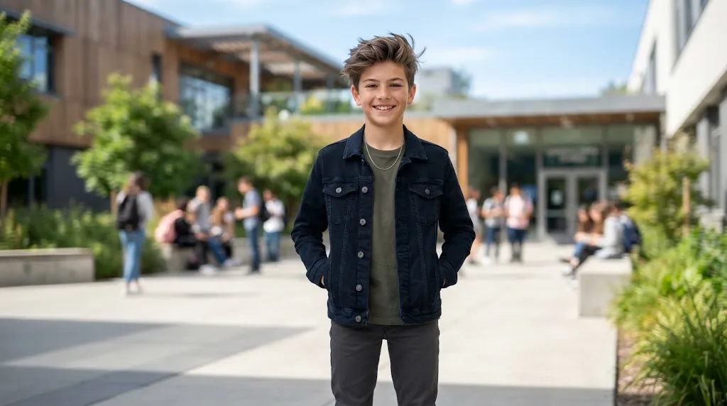 A stylish 12-year-old boy showing off a trendy medium-length layered flow haircut and textured quiff.