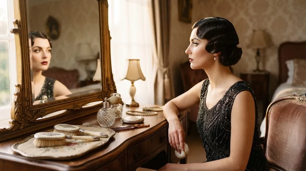 A glamorous woman showcasing authentic 1920s glossy finger waves and an Eton crop hairstyle in a vintage vanity setting with warm lighting.