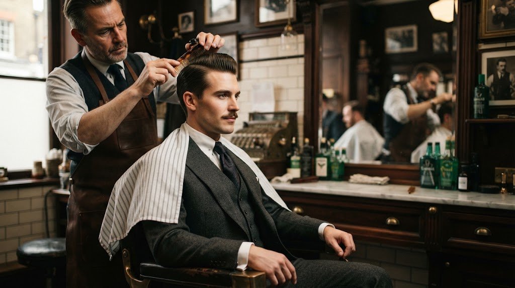 A dapper gentleman wearing an authentic 1920s classic side part and gentleman's cut in a vintage barbershop