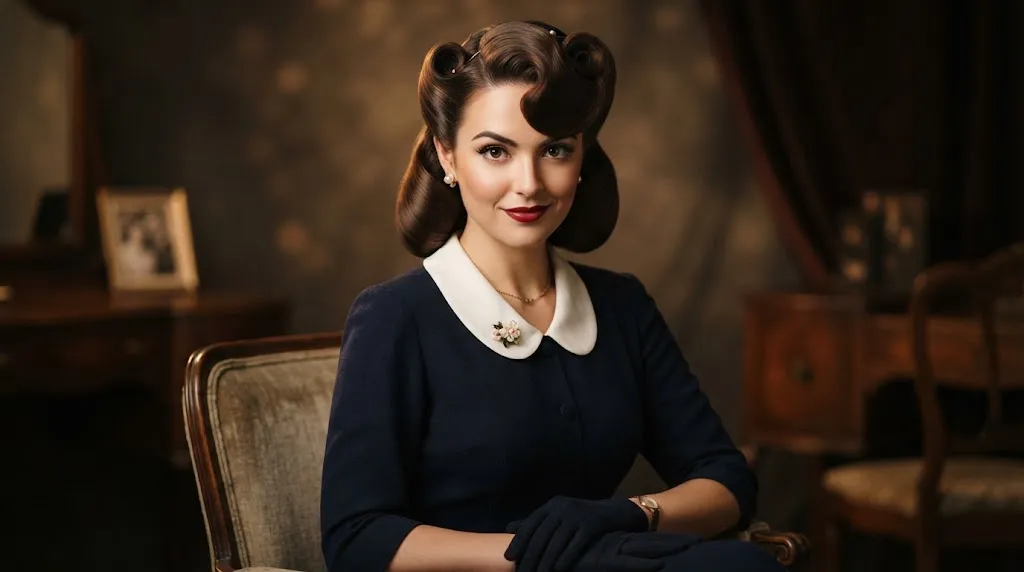 1940s vintage woman with sculpted victory rolls and a peek-a-boo wave hairstyle