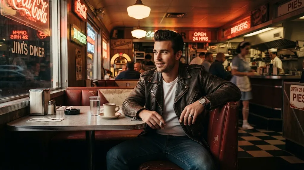 A stylish man with an authentic 1950s pompadour haircut and classic retro styling in a vintage setting.