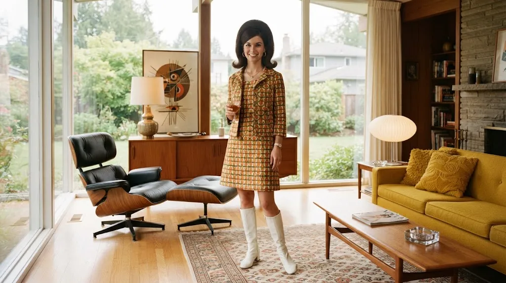 A woman showcasing a volumetric 1960s beehive and bouffant vintage hairstyle in a retro-chic setting