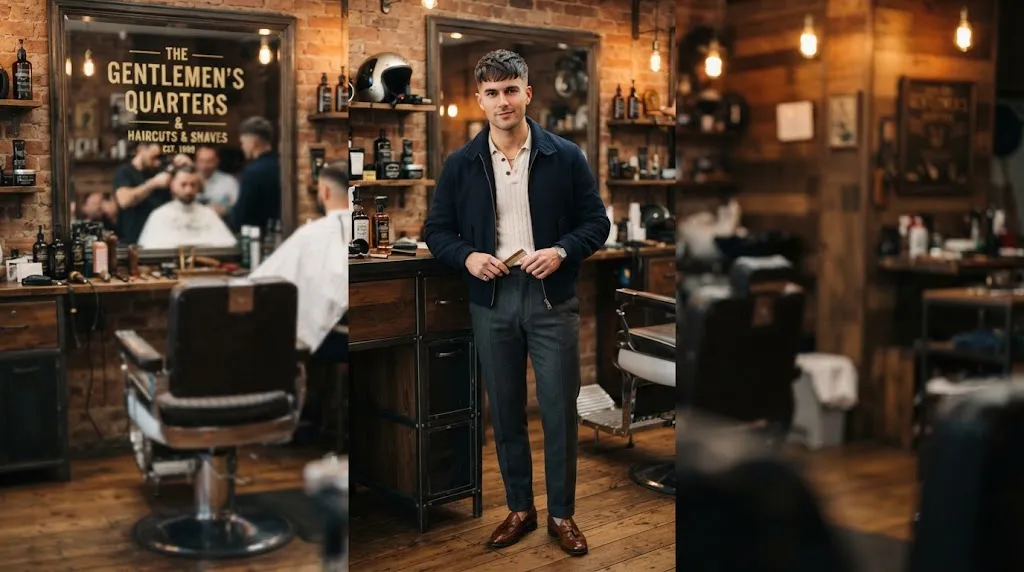 A stylish man with a classic 1960s Ivy League and Mod haircut in a vintage barbershop setting.