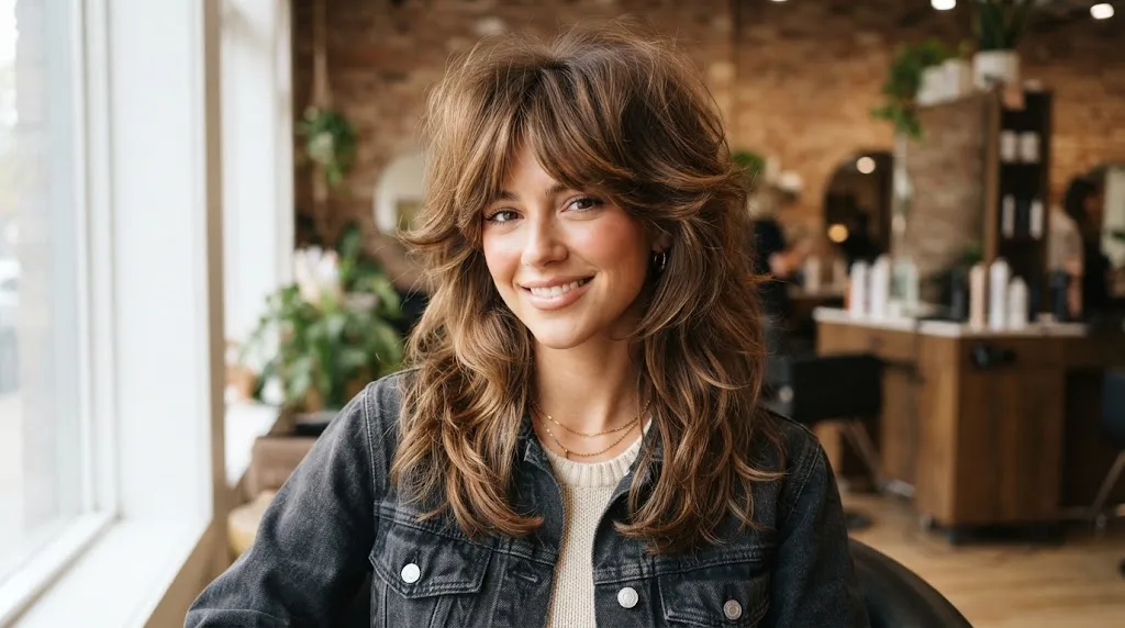 A person with a classic 1970s shag haircut featuring voluminous feathered layers and natural texture.