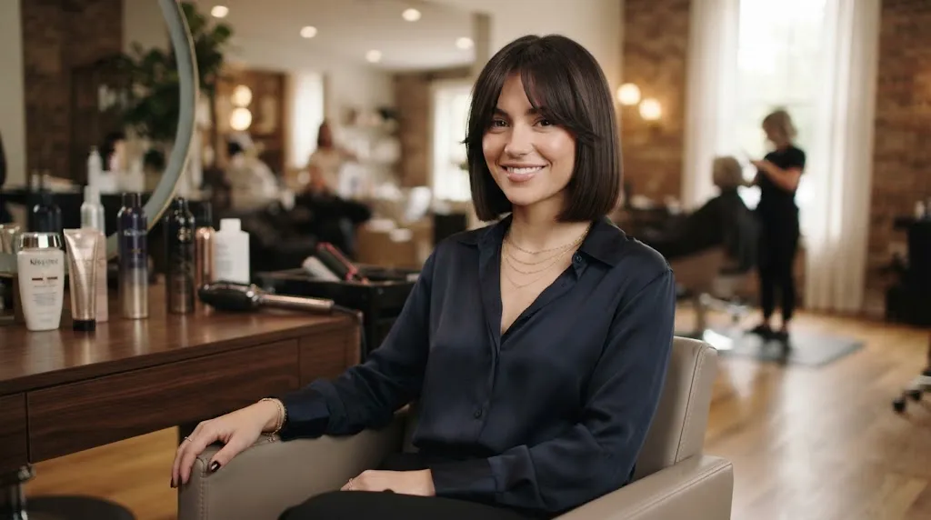 Stylish woman showcasing 1990s signature face-framing layered hair and blunt bob in a modern salon