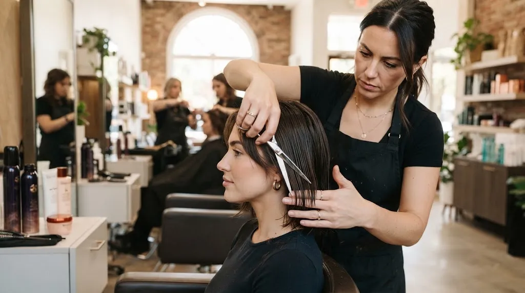 Professional hairstylist demonstrating the 3-inch hair rule and jawline precision cutting technique in a modern salon