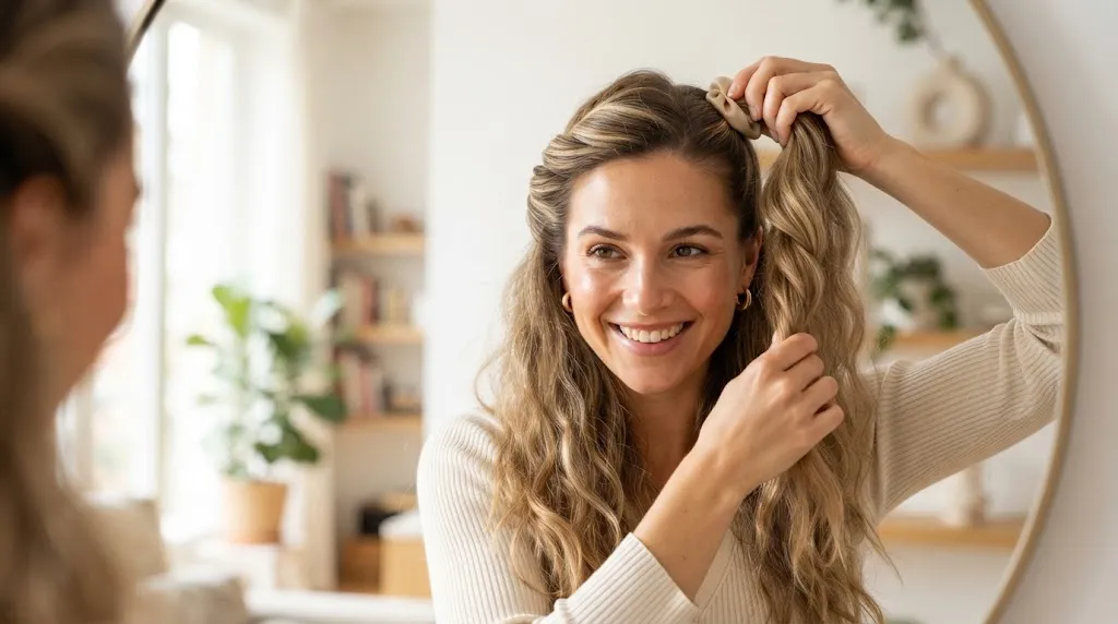Young woman demonstrating a quick and easy 5-minute everyday twisted ponytail hairstyle for long hair