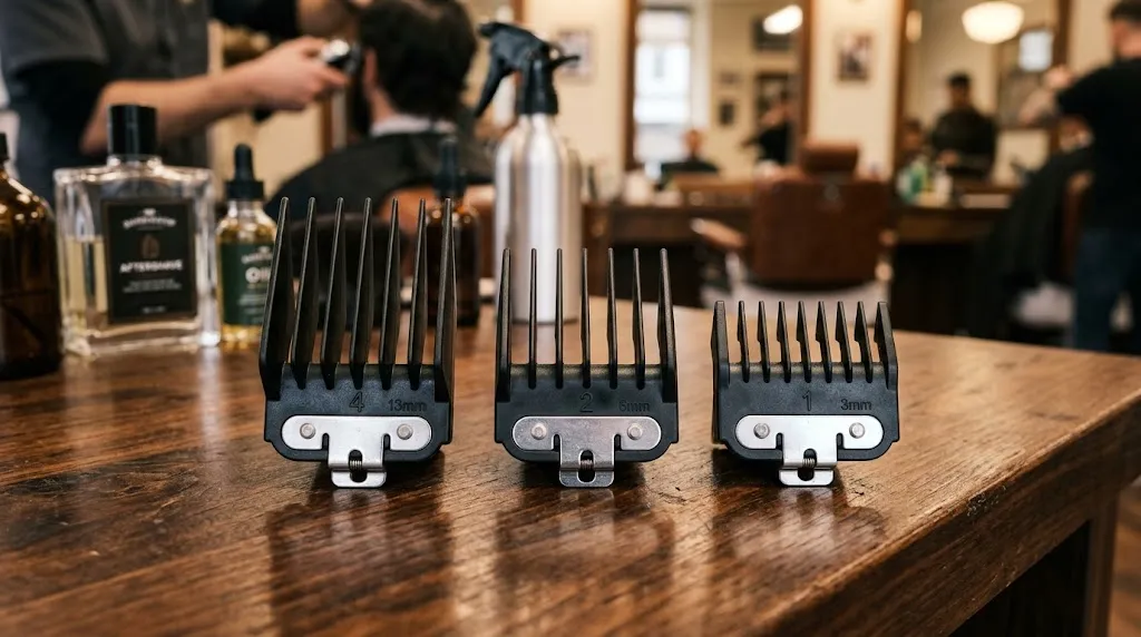 Direct visual comparison of number 6, number 7, and number 8 hair clipper guard attachment combs on a polished barber station table