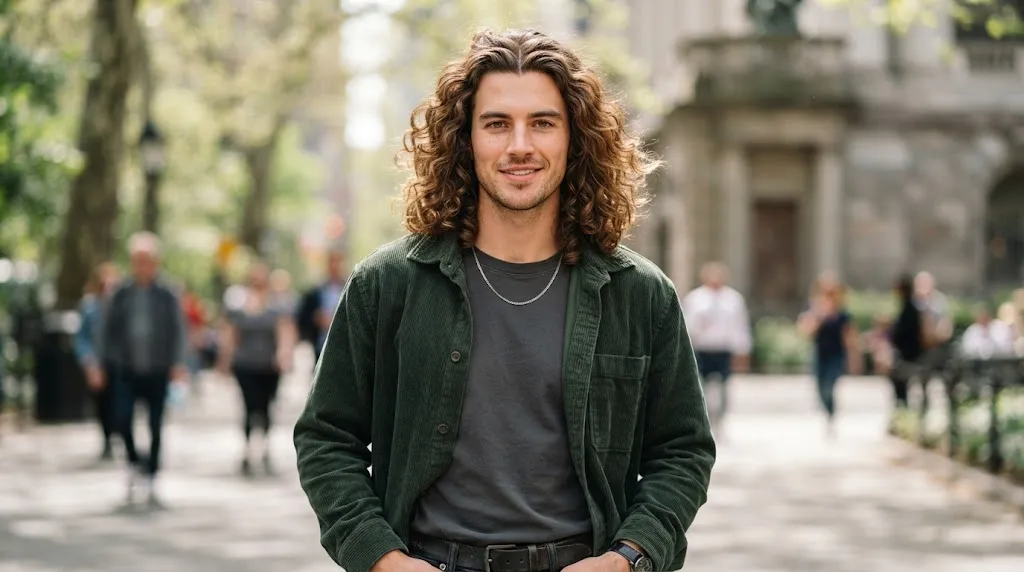Handsome man showcasing a 90s inspired curly flow hairstyle with a center part and voluminous texture
