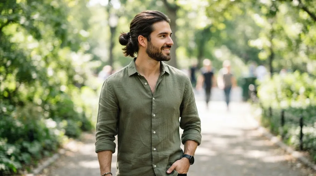 A relaxed, everyday simple tail hairstyle featuring medium-length hair swept back cleanly.