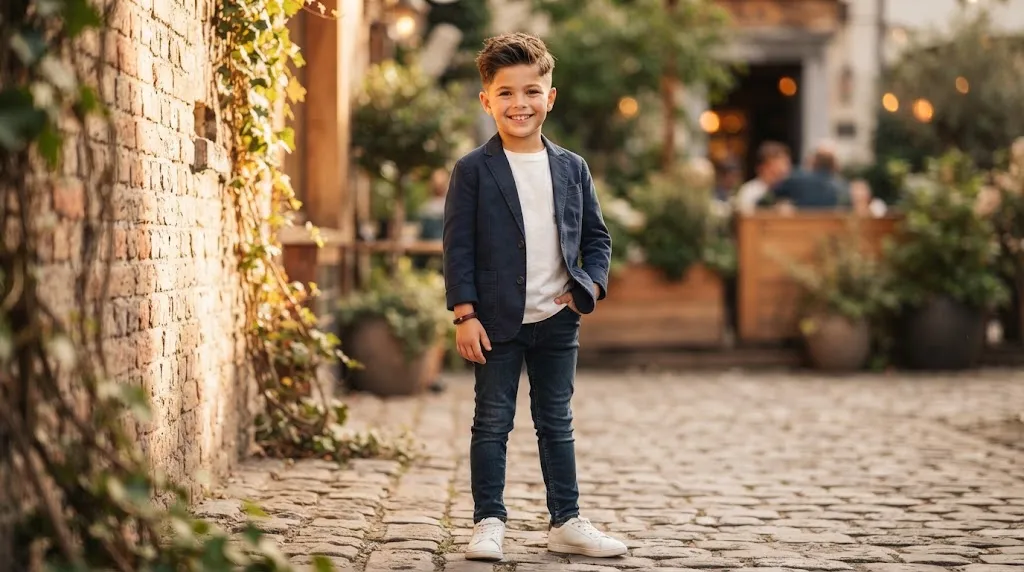 A young boy with a stylish textured side-part crop haircut looking confident and neat for a function.