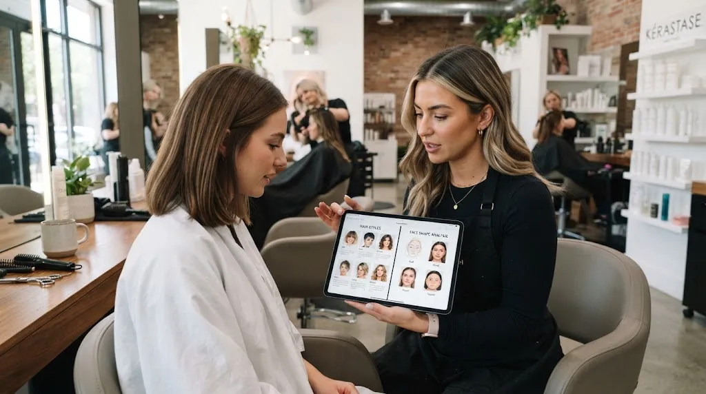A professional hairstylist and client reviewing digital hairstyle options and face shape analysis on a tablet in a modern salon.