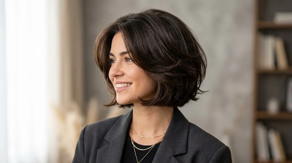 Woman with fine hair showcasing a voluminous layered bob haircut for added root lift and fuller look
