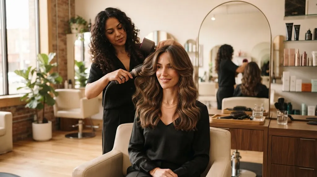 Textured long hairstyle with voluminous waves and face-framing layers adding width and softness to a long face shape
