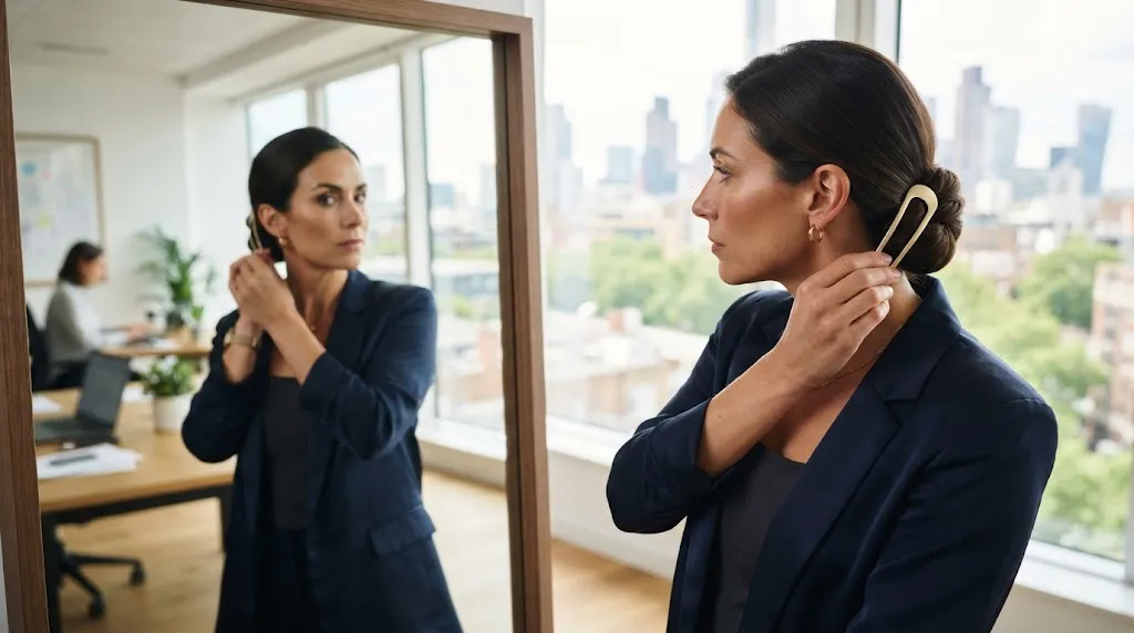 Professional woman styling her hair into a sleek French twist in a modern office workspace