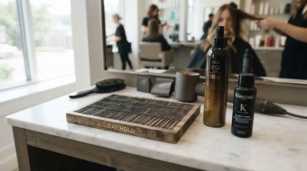 Professional hair styling products including bobby pins, texturizing powder, and setting spray arranged for all-day function hairstyle durability