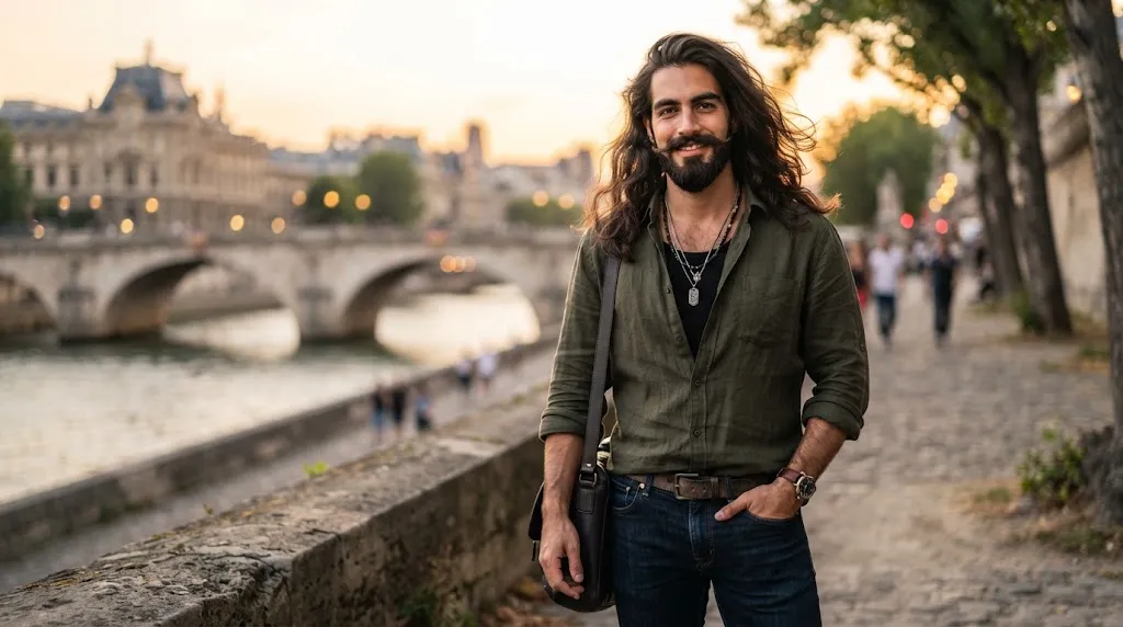 Stylish man showcasing a well-groomed anchor beard paired with long flowing hair in professional lighting