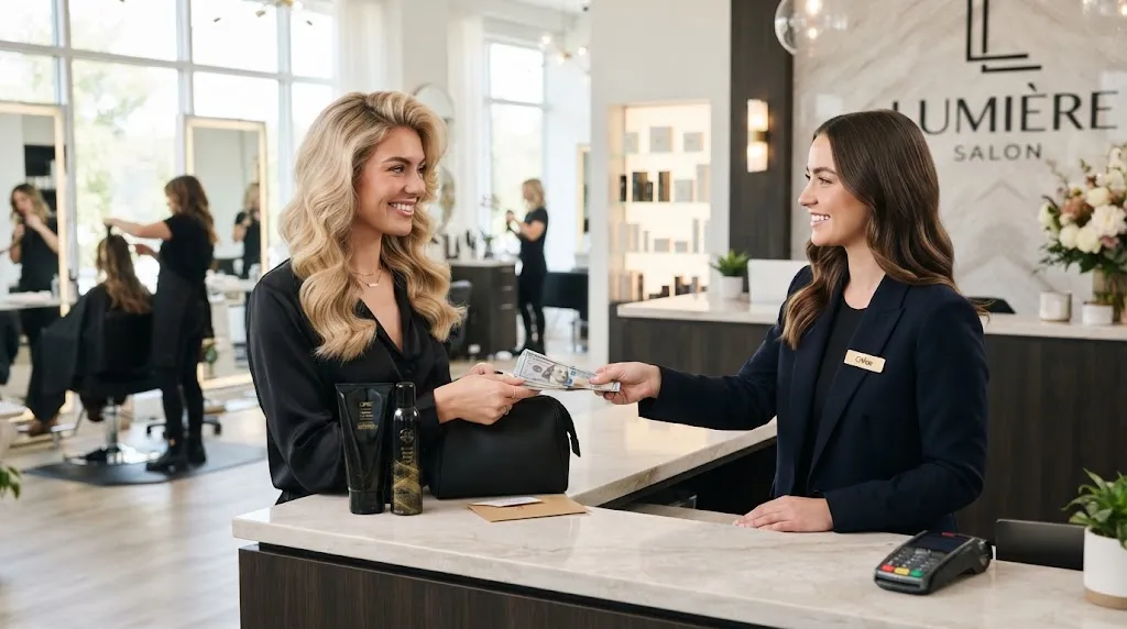 Professional hair model receiving cash payment and luxury hair care products at a high-end salon