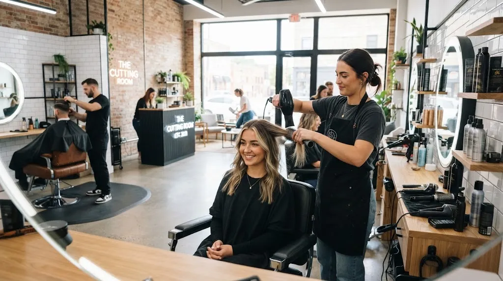 A professional stylist working on a client's modern haircut in a bright, contemporary salon to show hairstyle photo relevance.