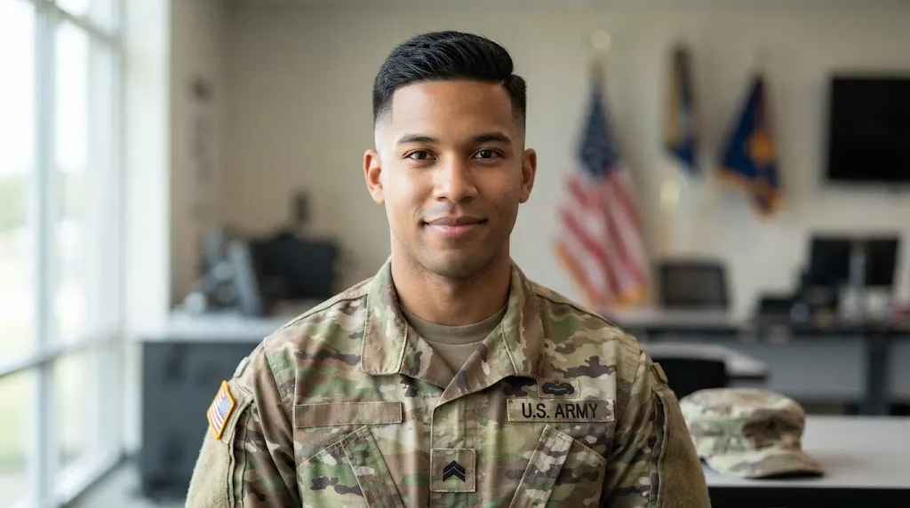 Professional military haircut showing compliant top bulk and clean tapered sides adhering to Army Regulation AR 670-1 standards