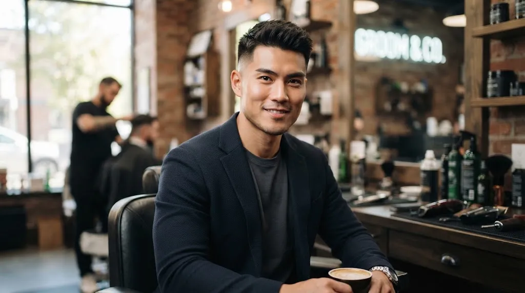 Professional portrait of an Asian man with a stylish haircut tailored for a square face shape featuring a clean fade and textured top
