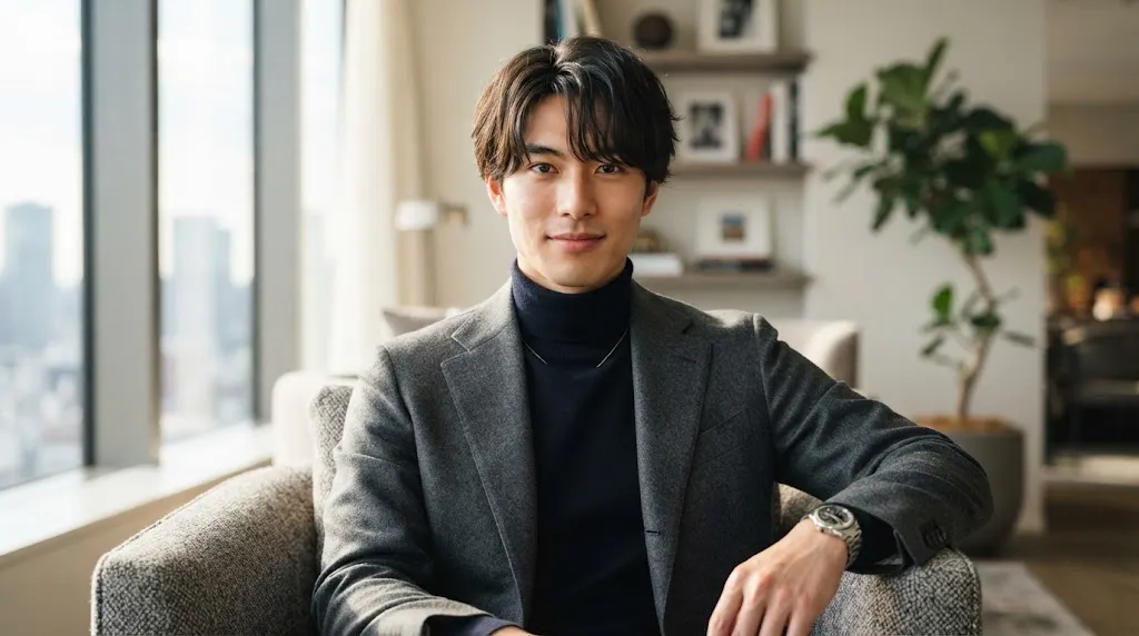 Stylish Asian man with a heart and diamond face shape showcasing a medium-length flow hairstyle and layered fringe.