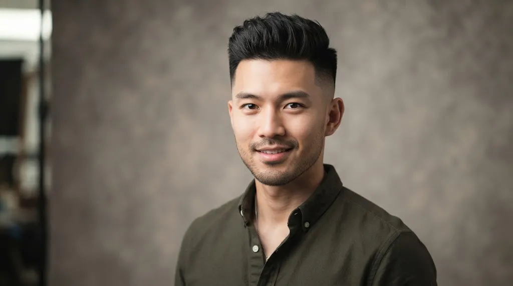 Professional photo of an Asian man showcasing a short pompadour haircut with a textured top and clean mid-fade.