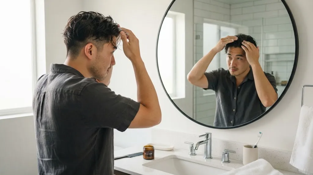 A stylish Asian man applying grooming product to damp hair for better hold and styling control