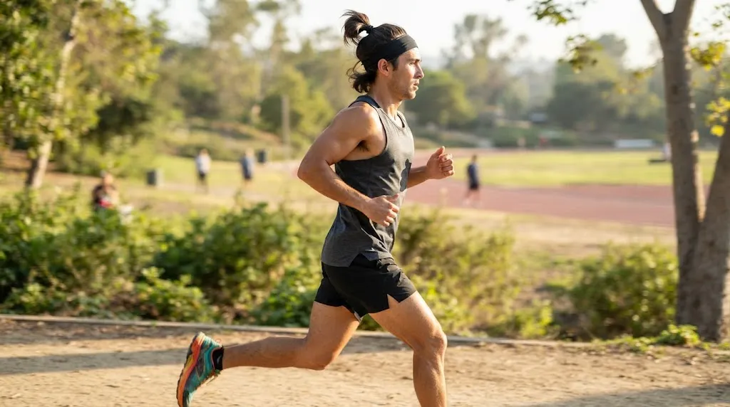 A side-profile action shot of a fit man with a secure high tail hairstyle and headband running on an outdoor park trail.