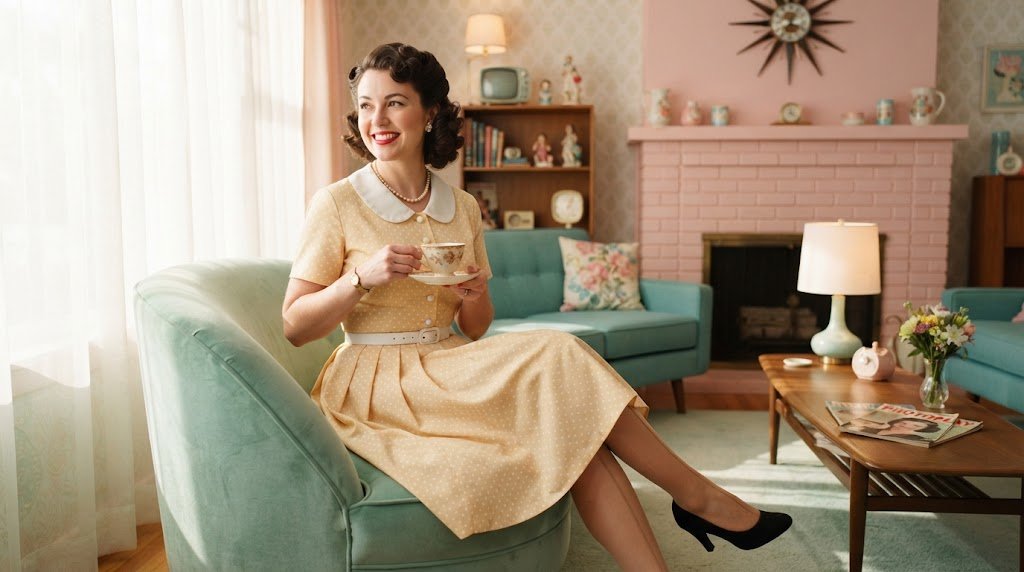 A vintage 1950s woman showcasing a classic poodle cut, elegant French twist, and bouncy barrel curls in a retro setting