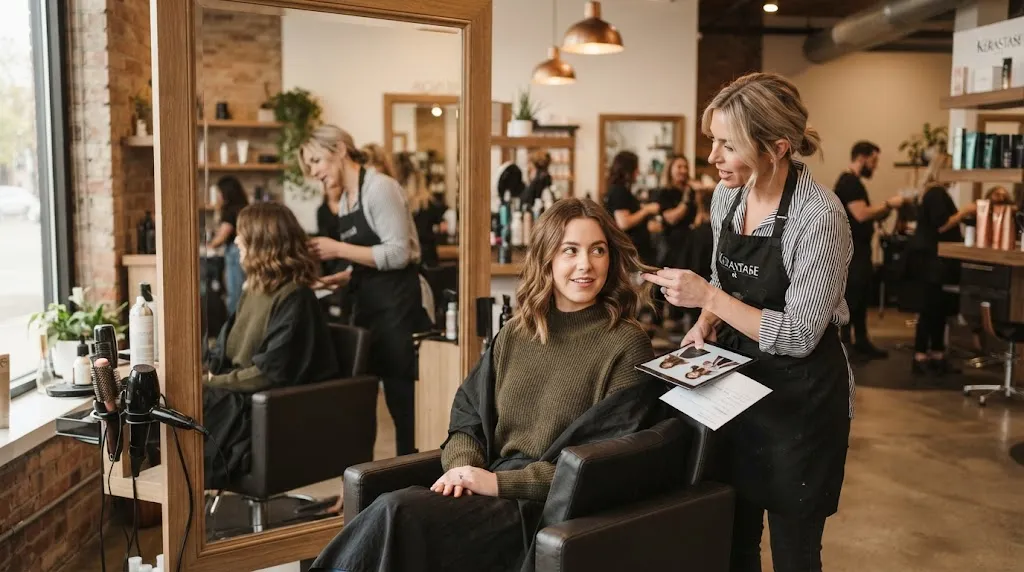 A client in a salon chair discussing haircut length and technique with a professional stylist to avoid cutting too much hair.