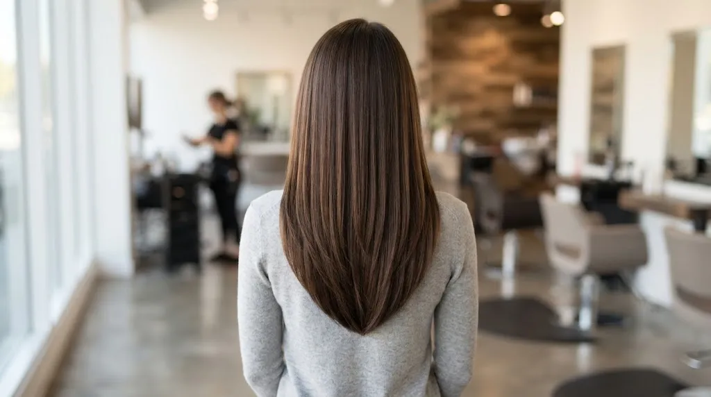 Back view of long brown hair styled with a clean U-shaped haircut in a professional salon