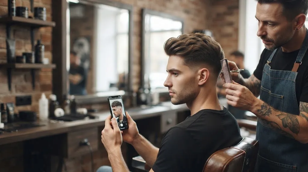 A man in a barbershop chair holds a smartphone showing a celebrity haircut photo while his barber uses a comb and scissors to analyze the discrepancy in the mirror reflection.
