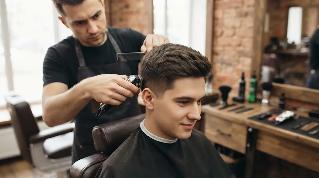 Professional barber using clippers and a comb to refine the sides of a normal slope haircut and reduce unwanted roundness or bulk
