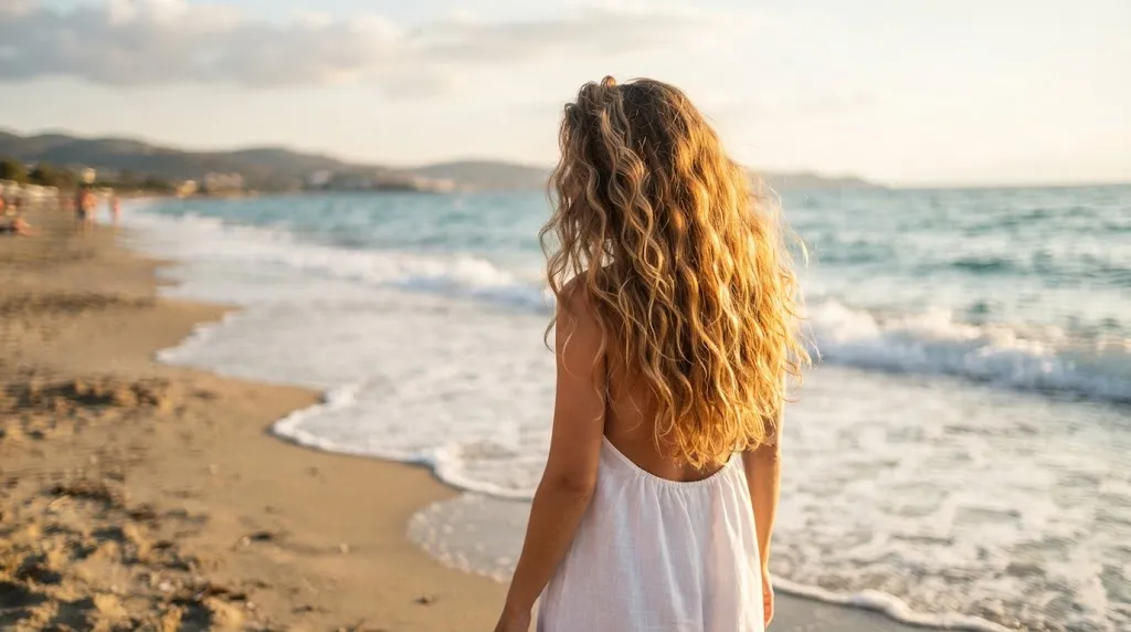 Gorgeous long hair styled with natural beach waves glowing in warm summer sunlight