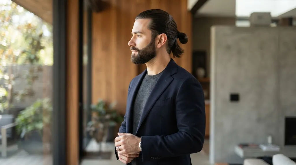 A side profile of a stylish man with a tail hairstyle and a well-groomed beard, demonstrating balanced facial symmetry.