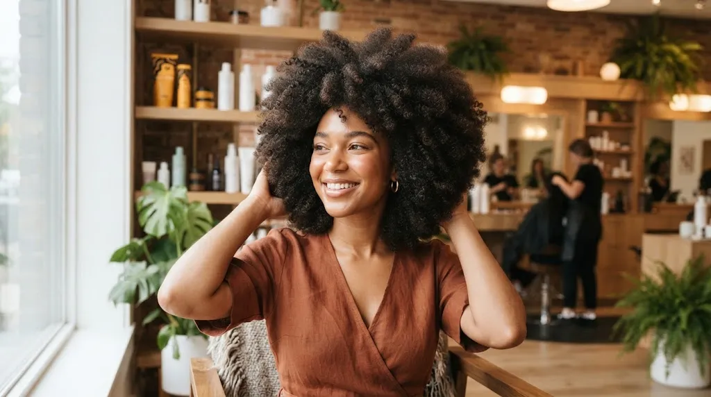 Stunning close-up portrait of a woman showcasing healthy, voluminous 4A to 4C coily textured thick hair with defined natural curls.