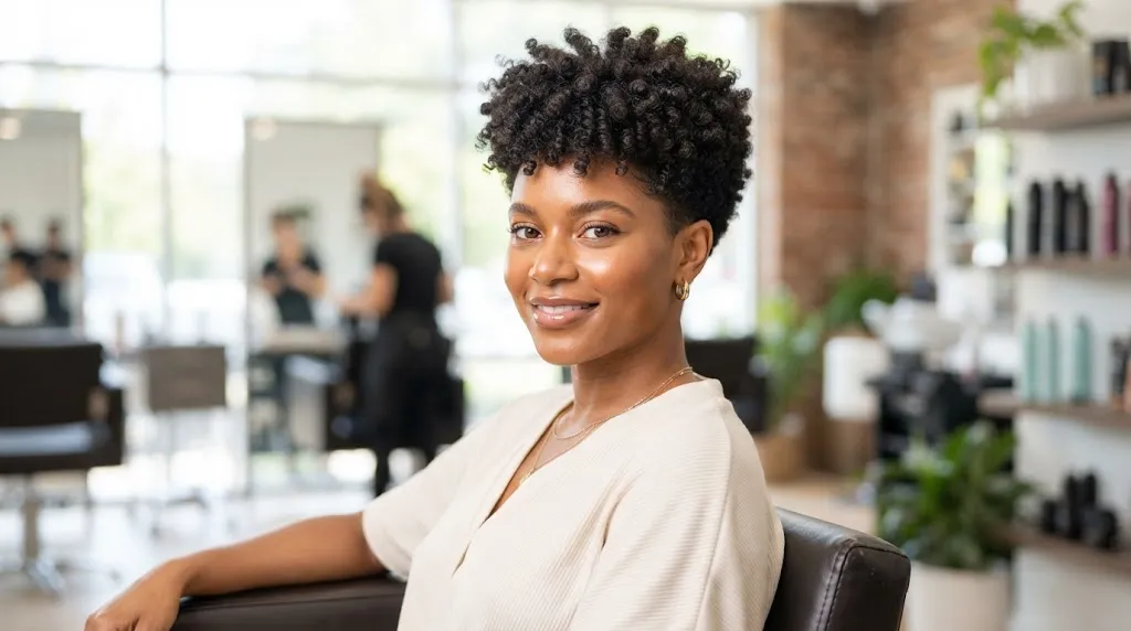 A person with a professionally styled curly and coily box cut featuring natural volume on top and tapered sides