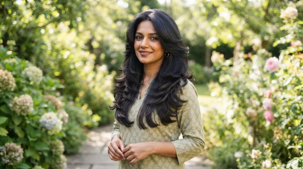 A beautiful Indian woman with a voluminous, healthy long step cut hairstyle in a garden.