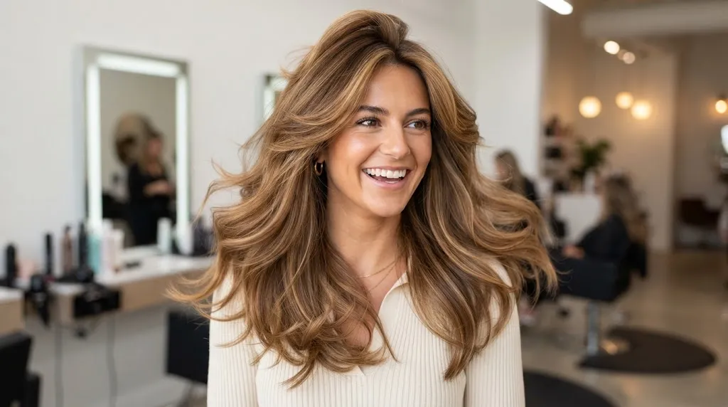 Long hair cut with feathered layers creating airy, outward-moving sections and soft volume